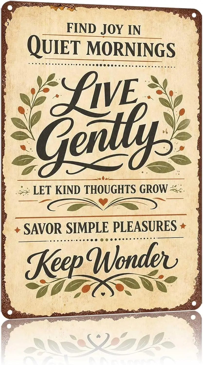 Metal Sign Find Joy In Quiet Mornings Live Gently Inspirational Wall Decor | Classic  ,Retro,Waterproof Aluminum,Funny,UV-printi