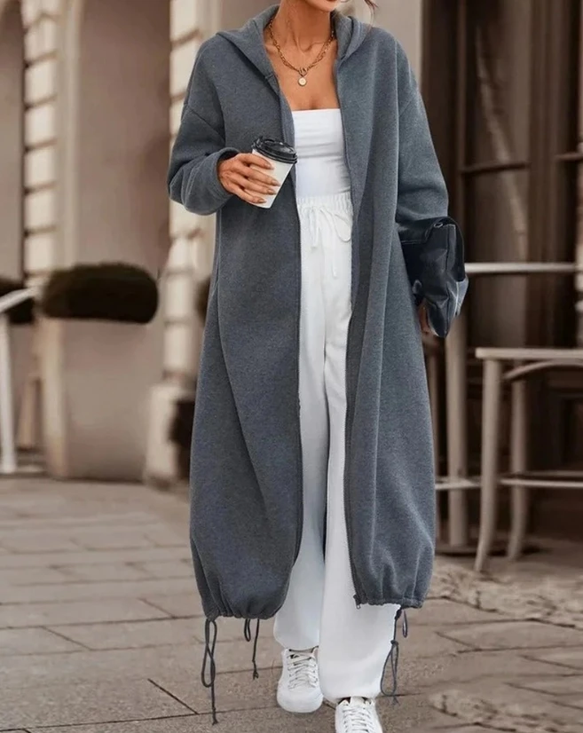 Women's Fashion Coat 2024 Autumn Winter Latest Casual Zip Up Drawstring Hem Longline Hoodie Cardigan Jacket Open Front