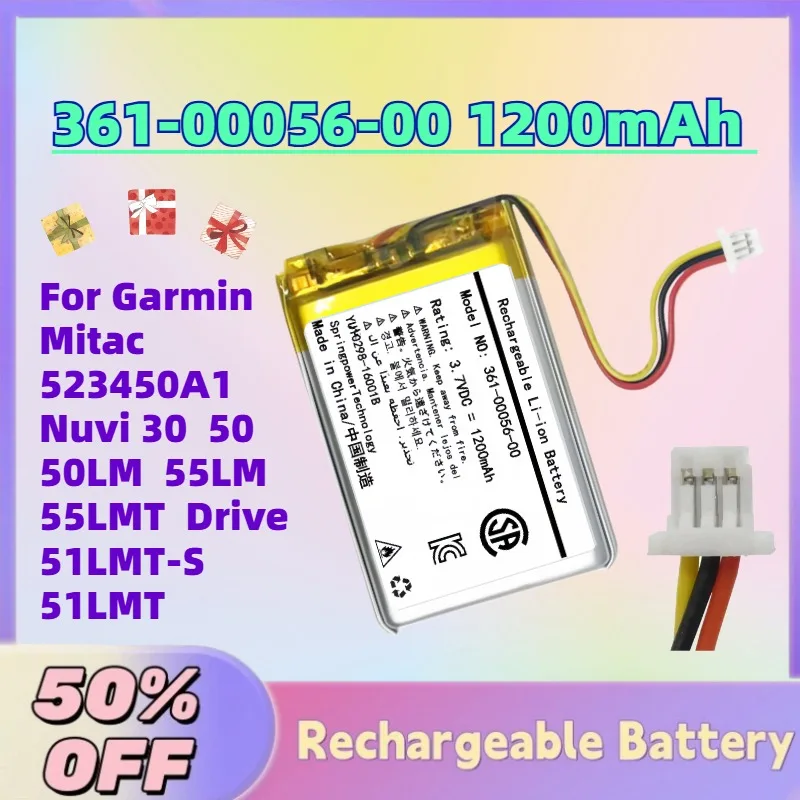 

New 361-00056-00 1200mAh 3.7V GPS Navigator Battery for Garmin Mitac 523450A1 Nuvi 30 50 50LM 55LM 55LMT Drive 51LMT-S 51LMT