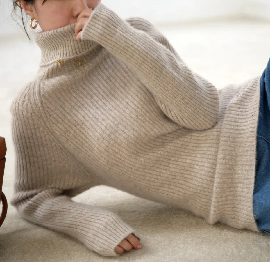 Women's High-Neck Cashmere Sweater Loose Warm Base Layer Pure Autumn Winter 100% Cashmere High-End Bottoming Sweater