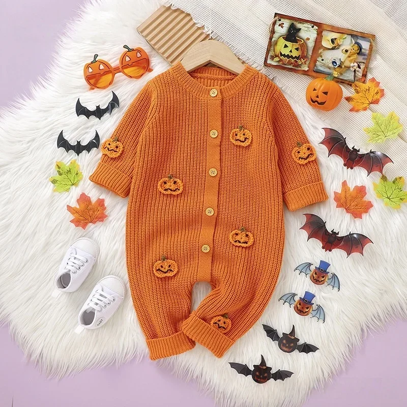 

2025 Halloween Baby Knitted Romper 3D Pumpkin Applique Newborn Onesie 0-18M Autumn Winter Toddler Jumpsuit Festival Outfit