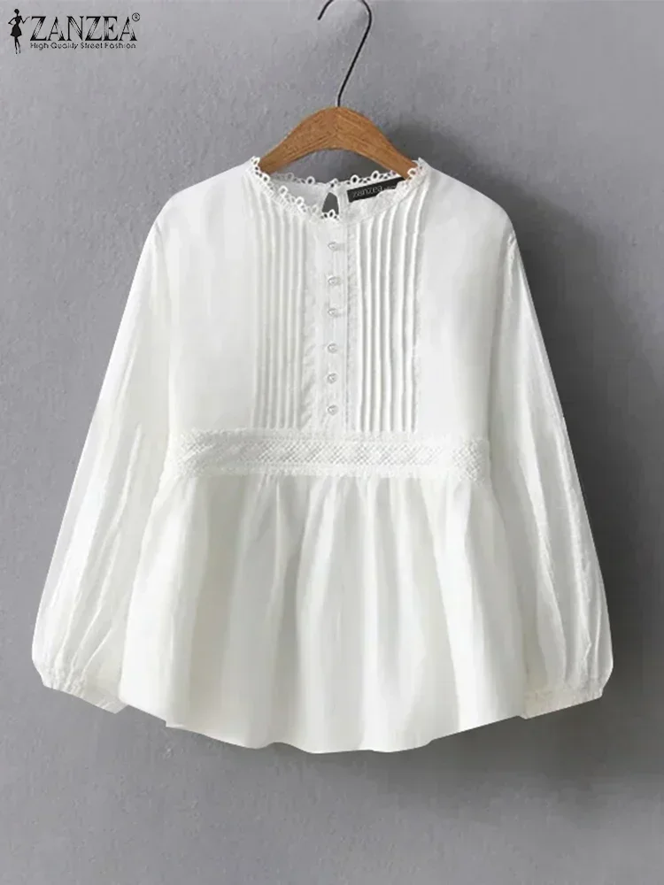 

ZANZEA Women Summer Tunic OL Work Streetwear Blouses Fashion Tops Solid Color Lace Patchwork Spring Loose Long Sleeve Blusas