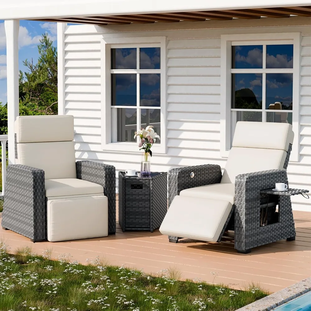 

Outdoor Recliners Set of 2, Patio Reclining Chairs Wicker with 150° Lay-Flat Position, Extended Footrest, Flip-Up Side Table, Gl
