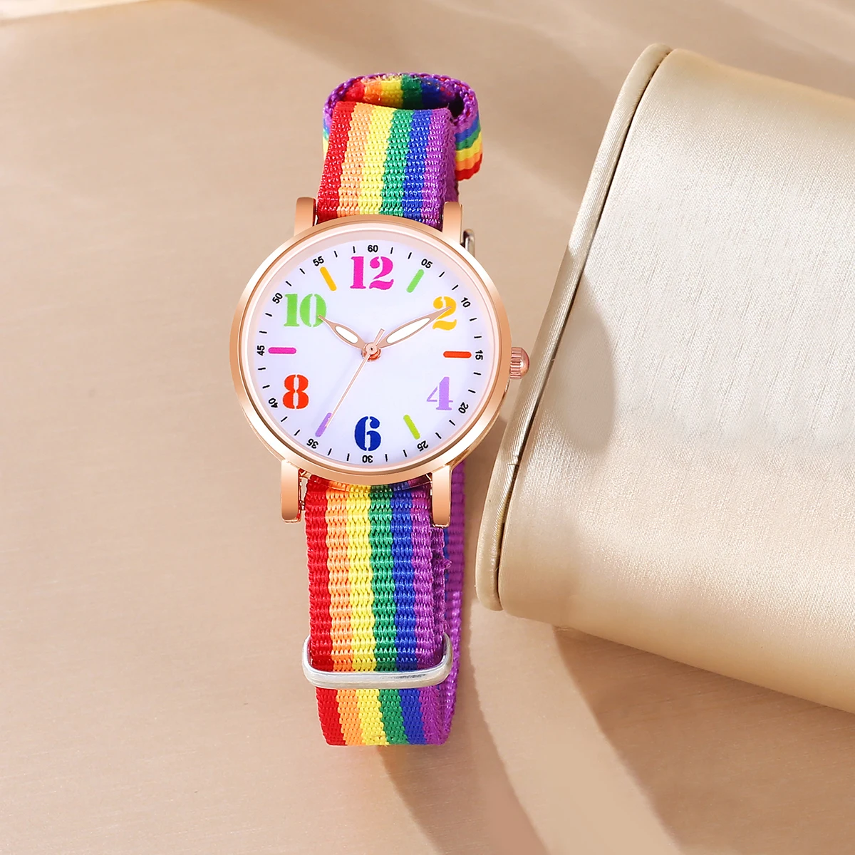 4Pcs Ladies Small Clear Rainbow Digital Pointer Nylon Strap Quartz Watch Girl LOVE Abacus Bead Rainbow Bracelet Bracelet Set