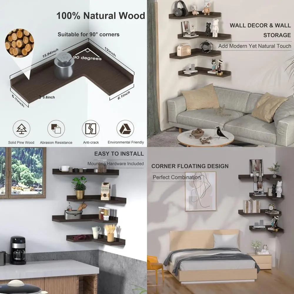 

4-Tier Rustic Pine Floating Shelves Set, L-Shaped Wall Mount for Home Storage and Decor