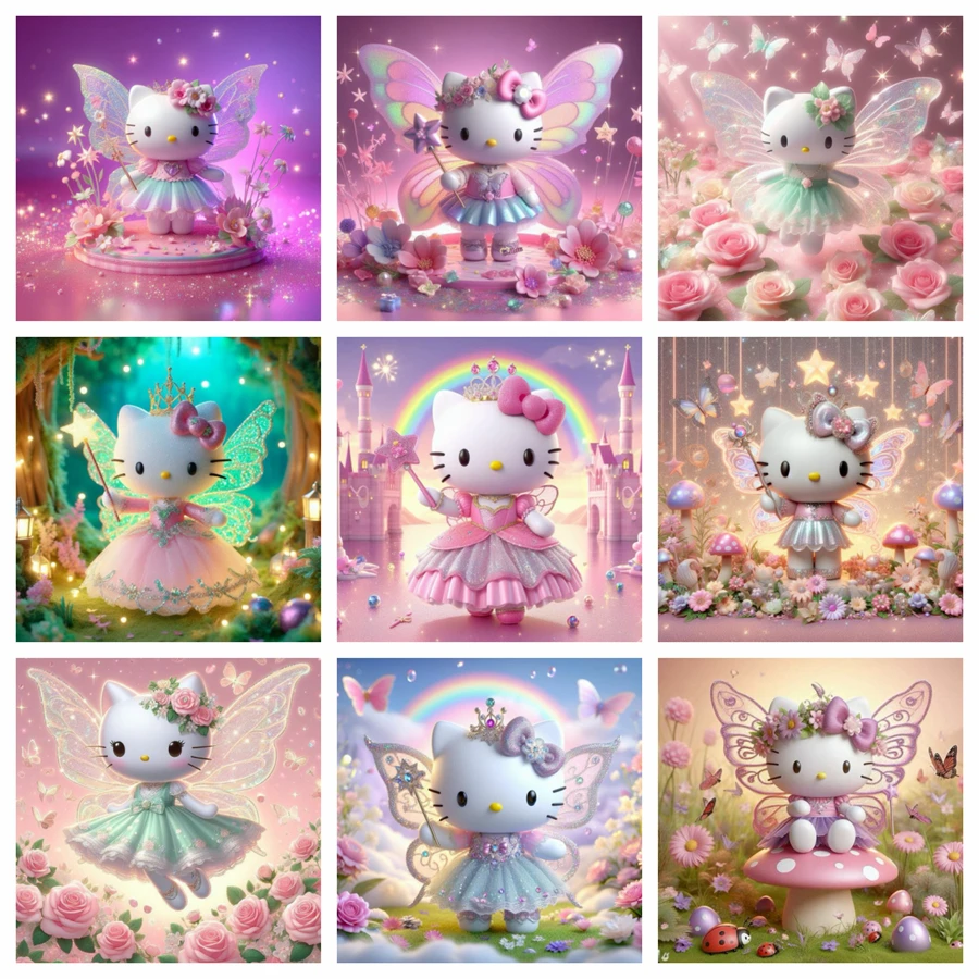 Fantasy Fairytale Hello Kitty With Butterfly Wings AB Diamond Mosaic Painting Dream Garden Kitty Scenery Cross Stitch Home Decor