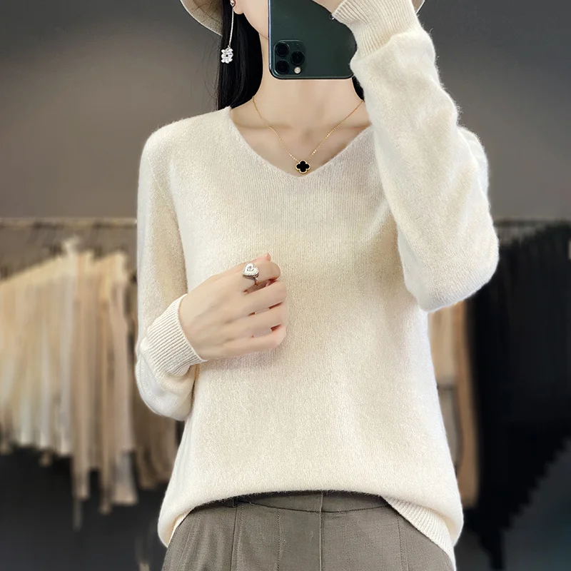 Women\'s 100% Wool First-line ready to wear Clothing Spring Autumn V-Neck Knitted Pullover Slim Fit Fashion Versatile Basic Tops