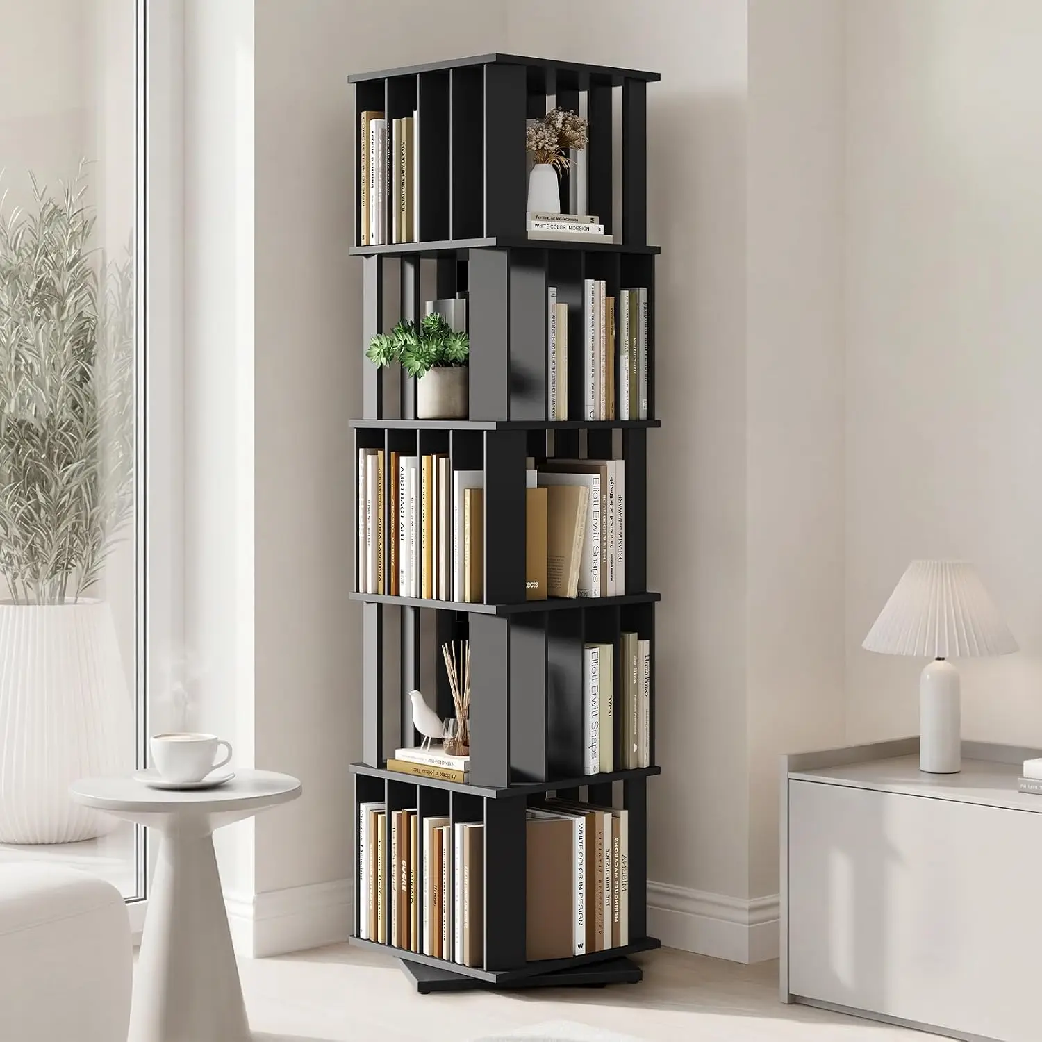 5 Tier Rotating Bookshelf, 360° Spinning Bookshelf with Storage, Customized