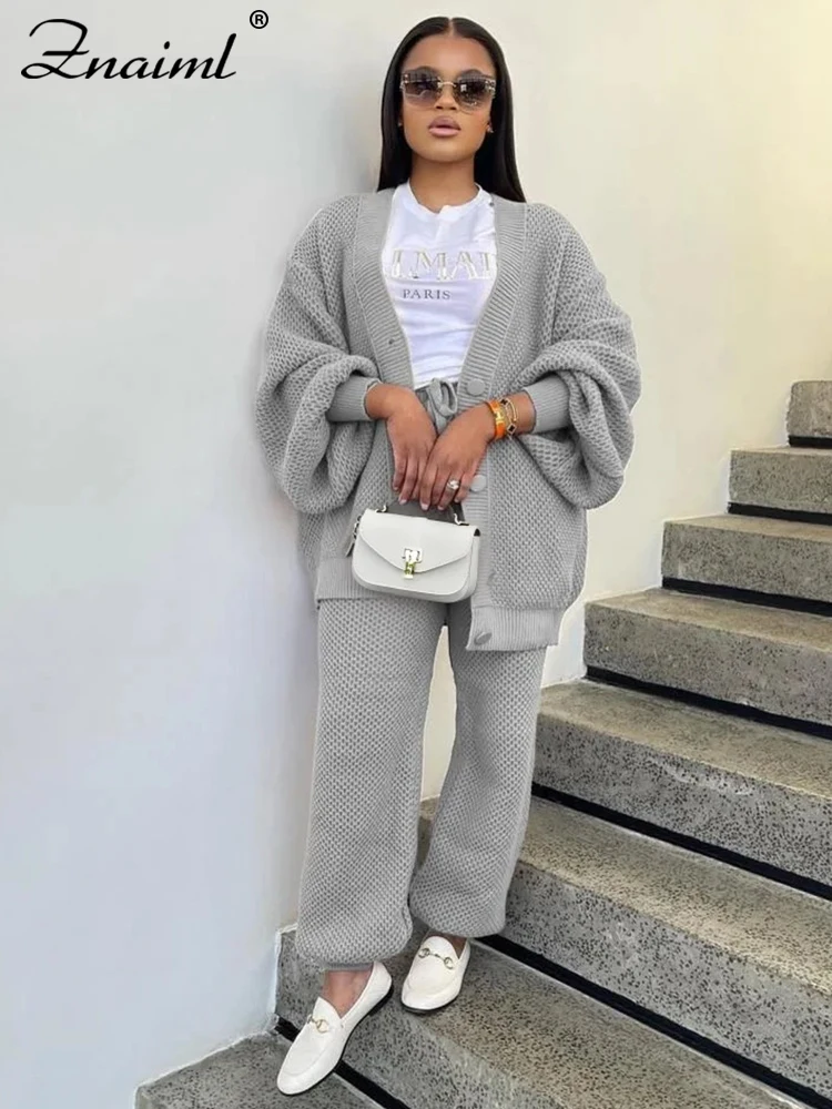 Znaiml レディース ルーズニット2点セット 長袖カーディガンセーターとワイドレッグパンツ カジュアル 秋冬ニットウェア