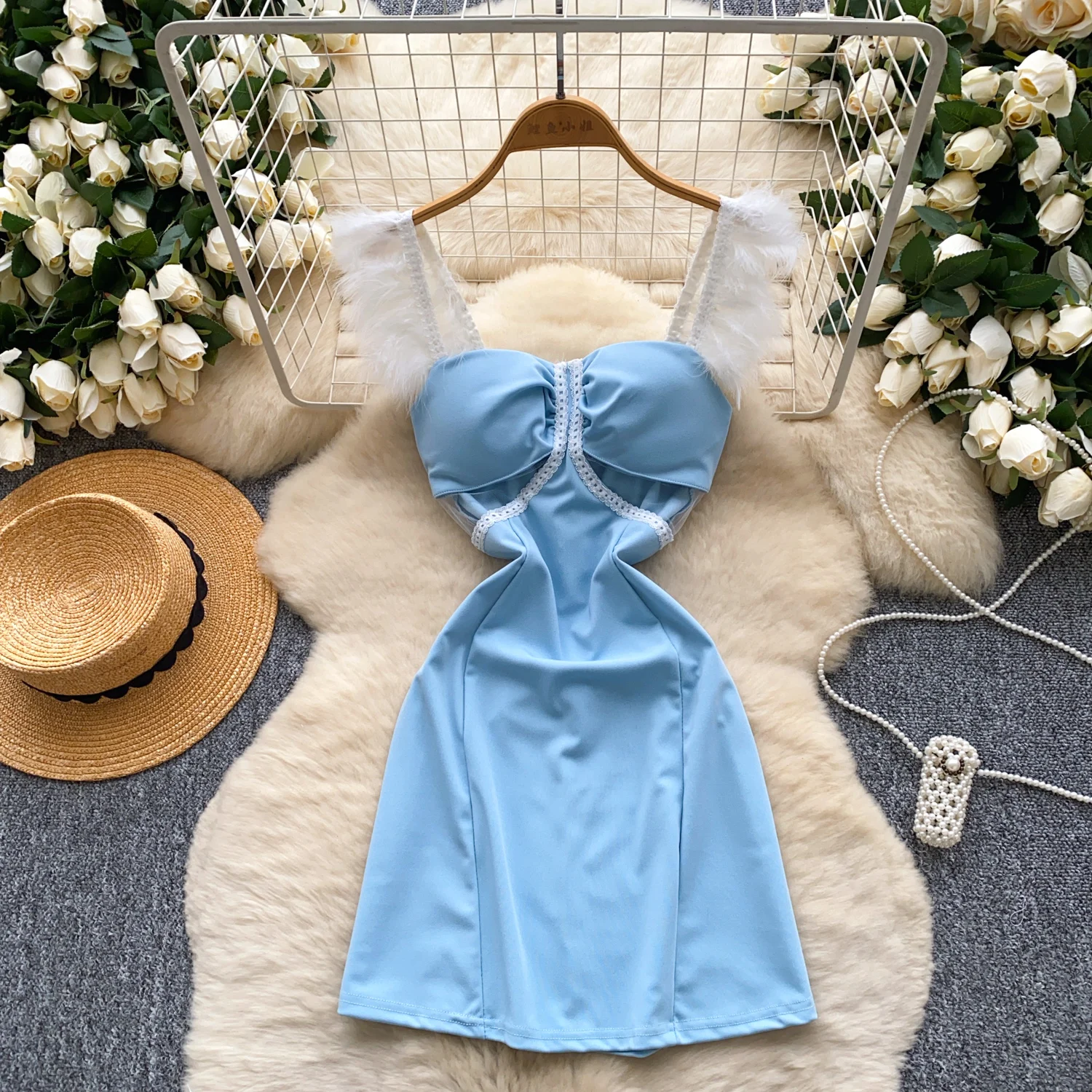 Abito vintage chic a tubino solido impiombato Elegante fata moda coreana Boho Prendisole abbigliamento donna Mini abito da spiaggia