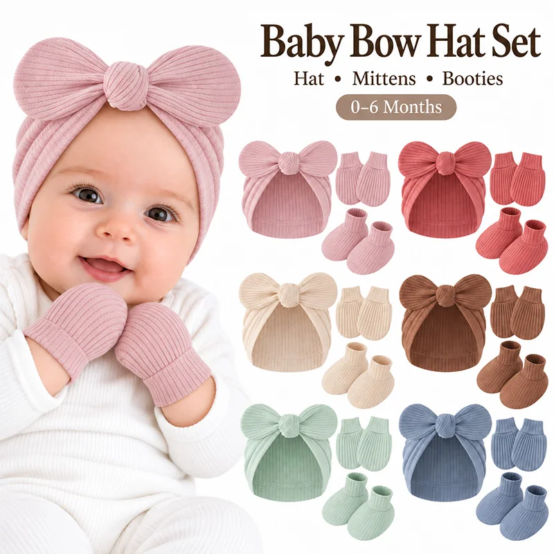3 Sets Newborn Turban Hat Set Ribbed Baby Beanie Anti Scratch Mittens Booties Toddler Cap Suit Infant Bonnet Accessories 0-6M