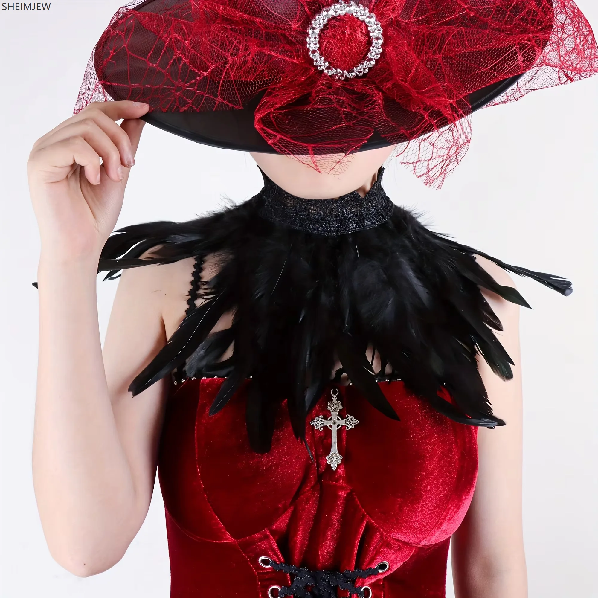 

Victorian Lace Feather Fake Collar Halloween Cosplay Gothic Feather Necklace Neck Feather Shawl Banquet Luxury Party Props Scarf