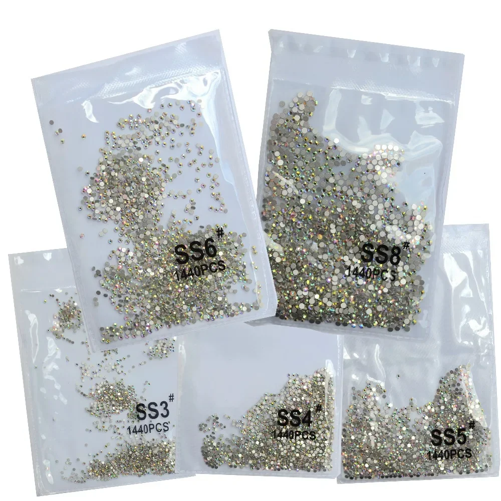 Top Glitter SS3-SS8 1440pcs Crystal AB goud 3D Niet Hotfix Plaksteen Strass Naaien & Stof Kledingstuk Nail Art Strass decoraties