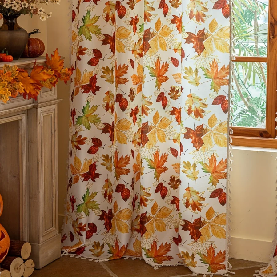 1PC Autumn And Winter Orange Maple Leaf Pattern Pole Hanging Curtains With Tassels, Suitable For Bedrooms, Thanksgiving