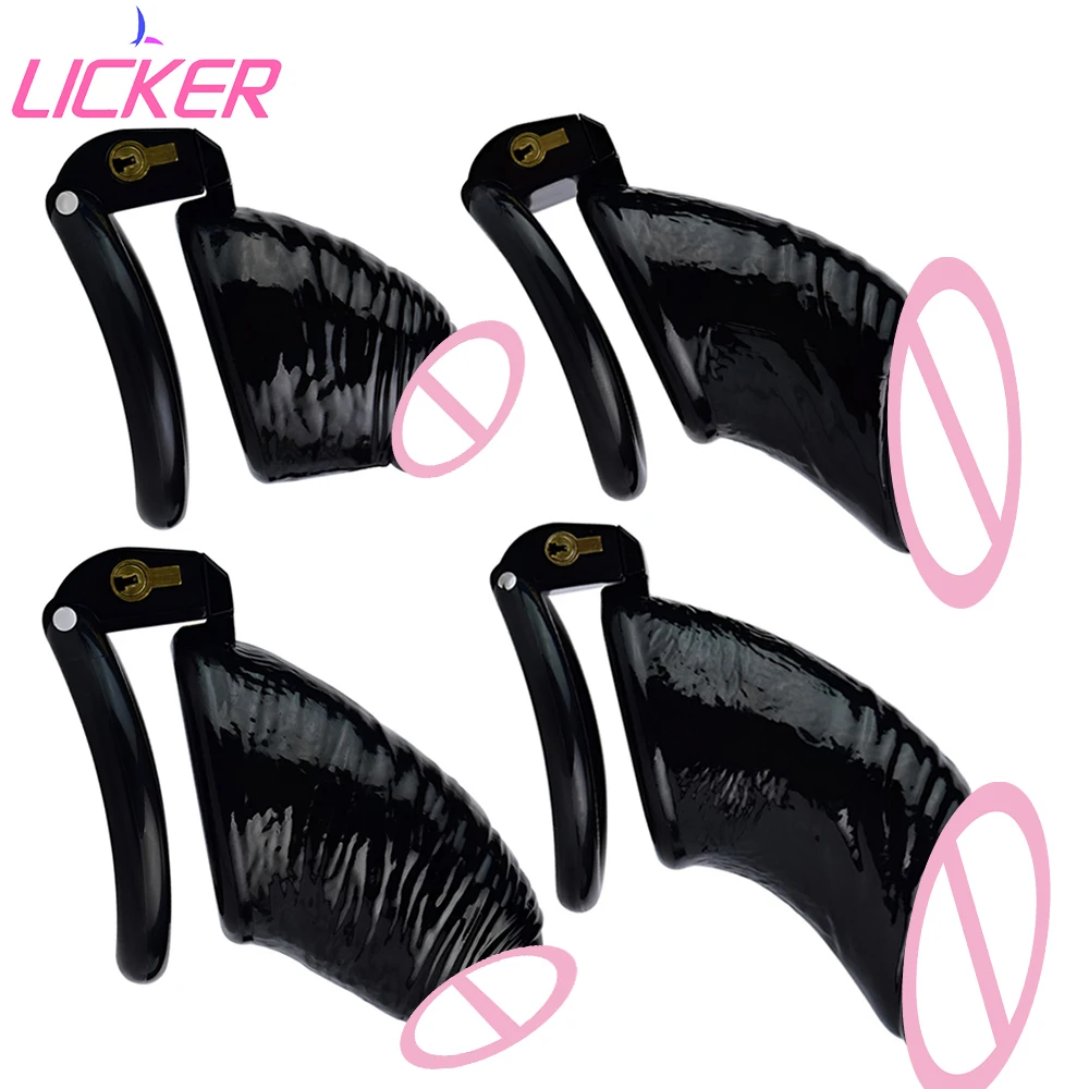 

LICKER Plastic Realistic Dildo Chastity Cage Device With 4 Size Penis Rings Black Cock Lock BDSM Adult Sex Products For Male