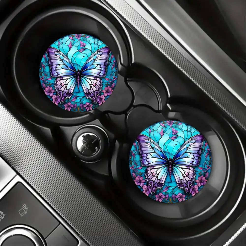 Blue Purple Butterfly EVA Car Cup Holder Coasters Universal Fit Absorbent Auto Interior Decor