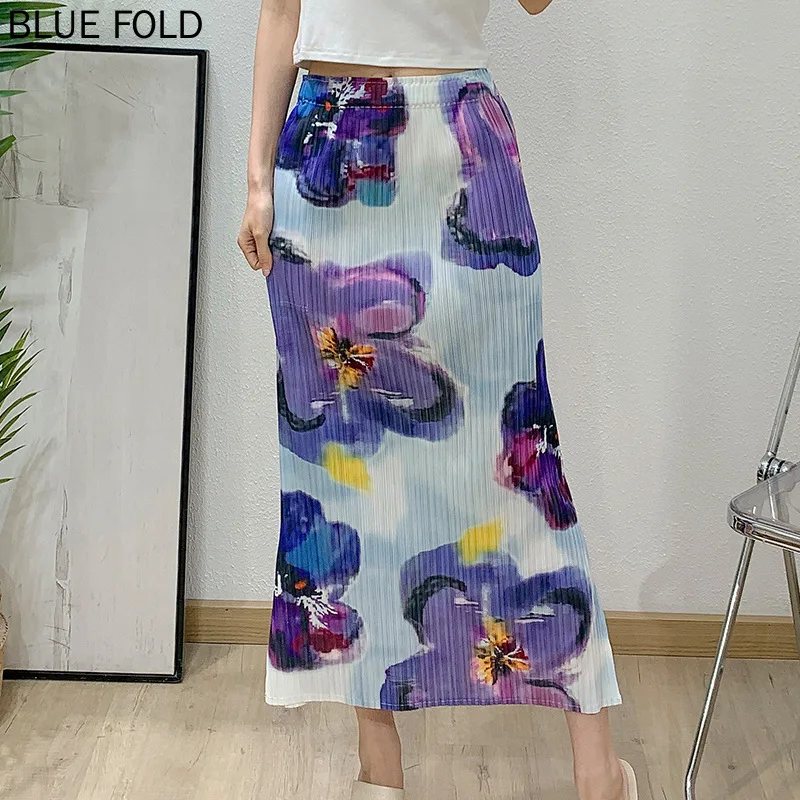 Miyake A-line Skirt Design Pleated Skirt Summer High-waist Print Slimming Princess Dress Pleated Skirt PLEATS Oversize T-shirt