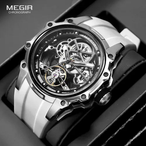Imagen 2 del producto Reloj mecánico automático MEGIR con esfera con mecanismo al descubierto, caja de acero inoxidable para hombre, reloj de pulsera deportivo luminoso resistente al agua con correa de silicona