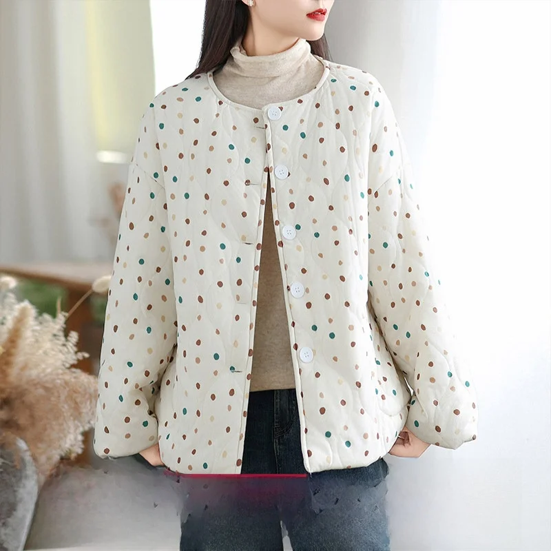 Ultra Soft Winter Cotton Jacket Women's Loose Lightweight Long Sleeve Polka Dot Print Single Button Closure Cotton Coat