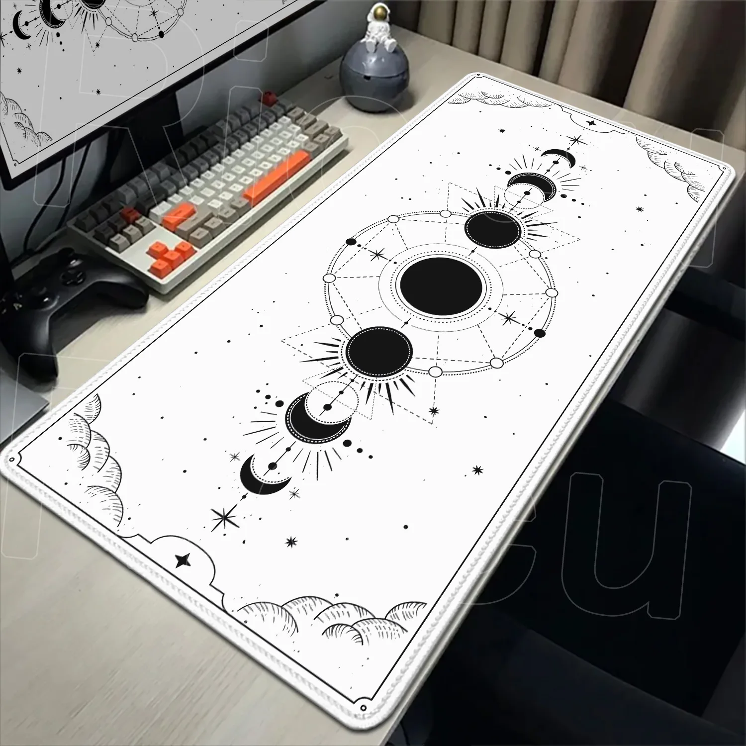White & Black Deskmat Gaming Tarot Astrology Aesthetic leather Mousepad 90x45cm Cartoon Celestial Moon Phases Non-slip Mouse Pad