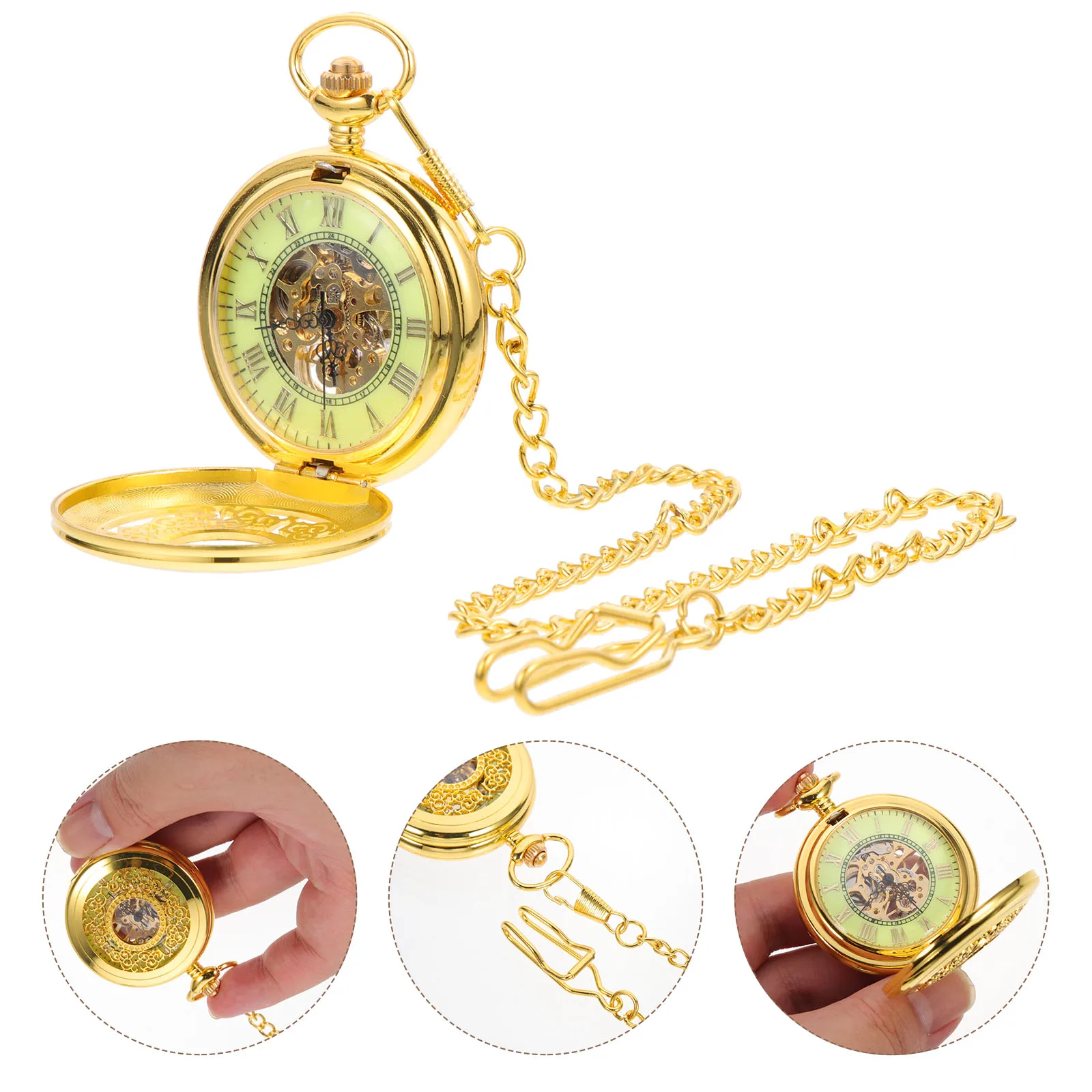 Mechanical Hand Wind Pocket Half Hunter Dial Steampunk Retro Gold Alloy Case Scratch Resistant Mineral Glass
