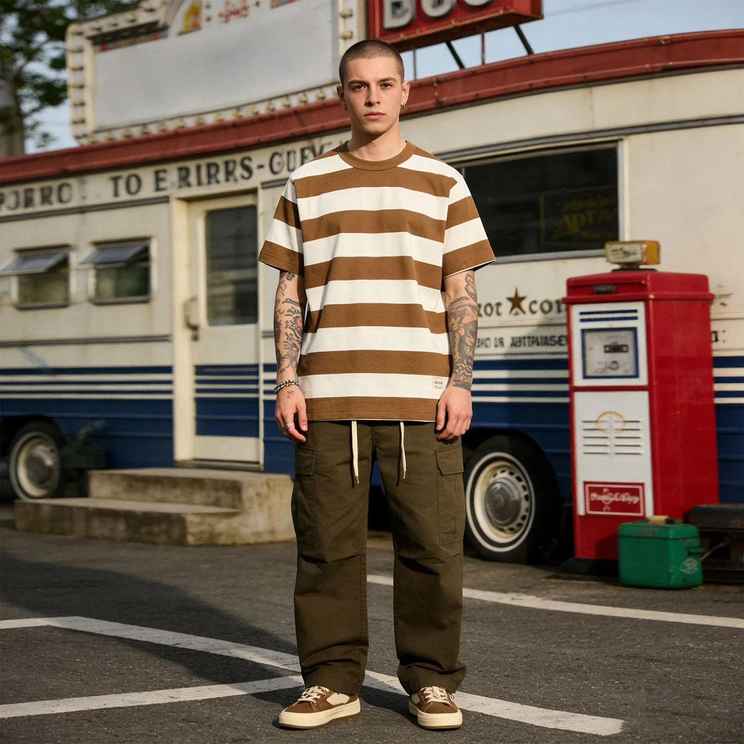 New American Retro Khaki T-shirt Heavy Duty Motorcycle Men's Short Sleeved Thick Striped T-shirt 260g