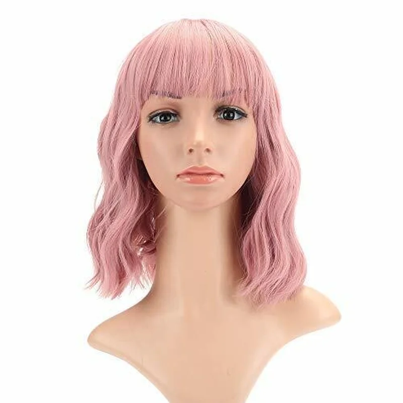 Girls Short Fashion Bob Wig Purple Pink Wig for Women Pastel Wavy Wig With Bangs