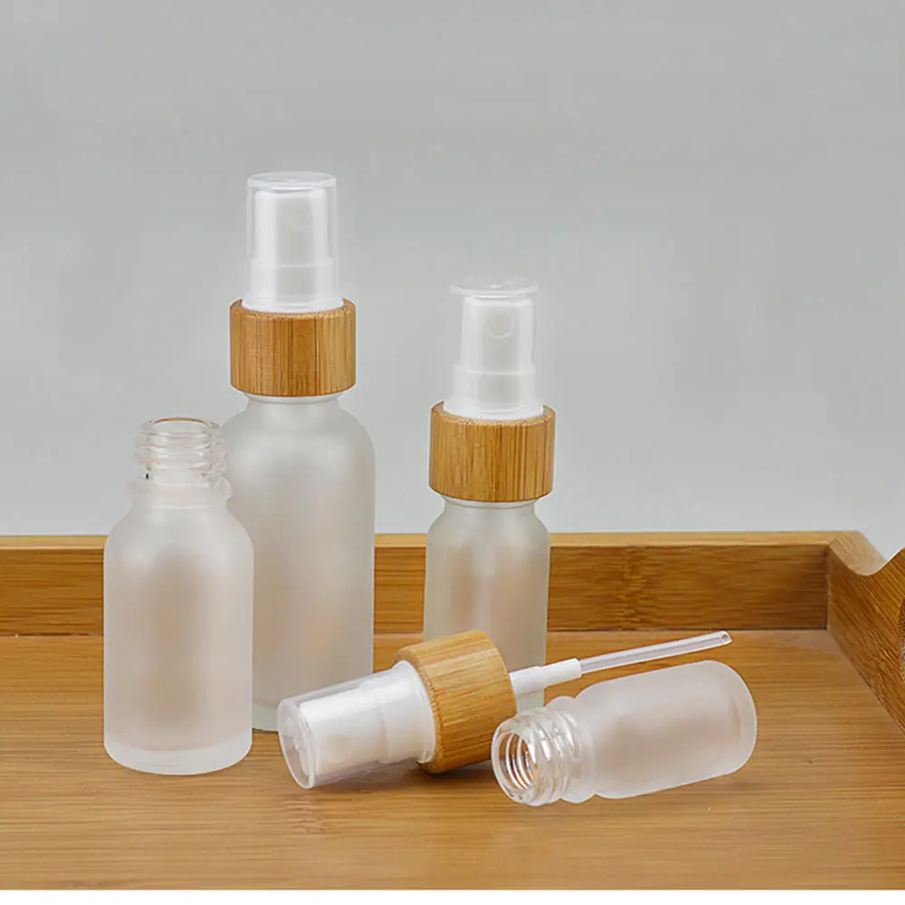 

10pcs Frosted Glass Fine Mist Atomizer Empty Glass Spray Bottle Natural Bamboo Lid Pump Head Travel Perfume Liquid Cosmetic Vial