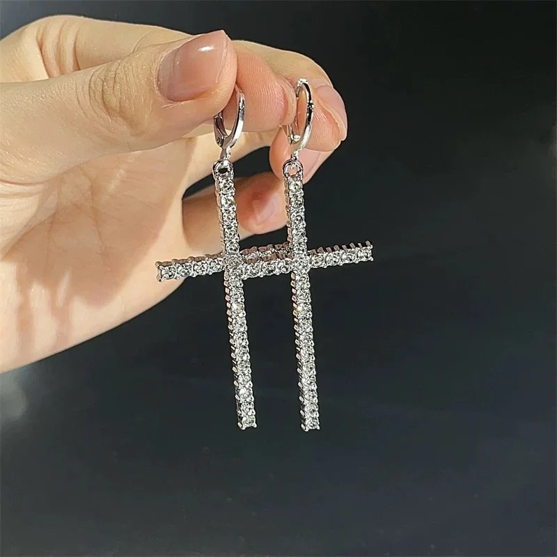 Fashion Zircon Crystal Cross Earrings for Women Men Gothic Punk Hip Hop Jesus Crucifix Dangle Earring Christian Party Jewelry