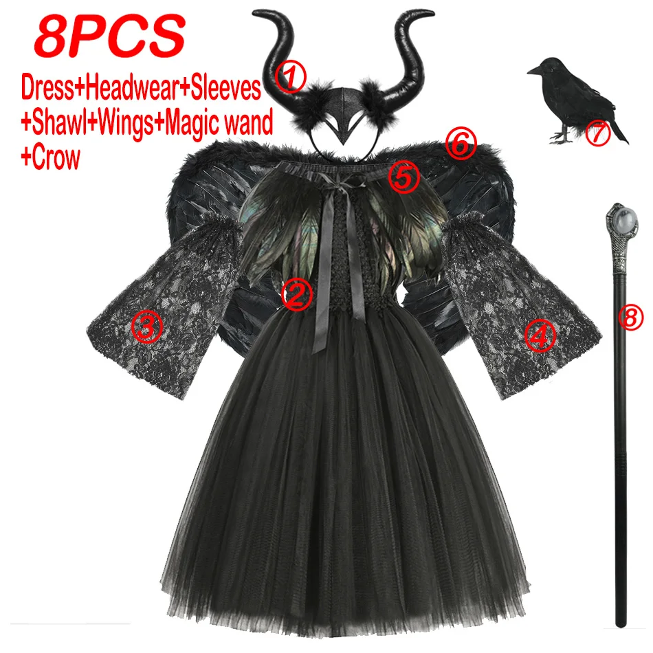 Halloween Maleficent Costume for Girls Fancy Christening Black Tutu Dress Kids Cosplay Demon Queen Witch Carnival Party Clothes