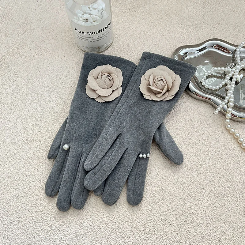 3D Flower Touch Screen Full Finger Gloves For Autumn And Winter Warmth With Thick Velvet Cycling Gloves Women Lady