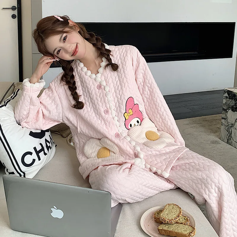 Kawaii Cartoon My Melody Nursing Pajamas Home Clothes Woman Spring Autumn Airs Cotton Lapel Side Opening Confinement Clothes Set