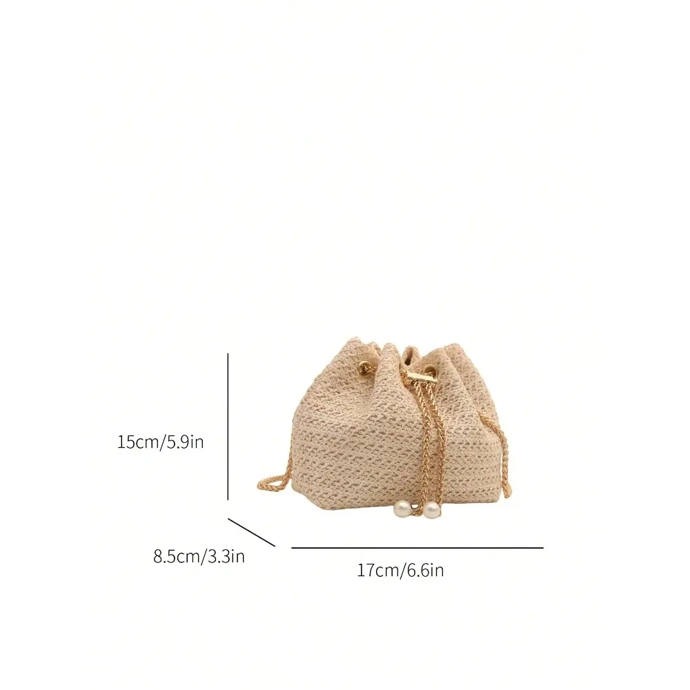 Natural Beige Woven Straw Bucket Bag - Mini Drawstring Crossbody with Gold Chain & Pearls view 3