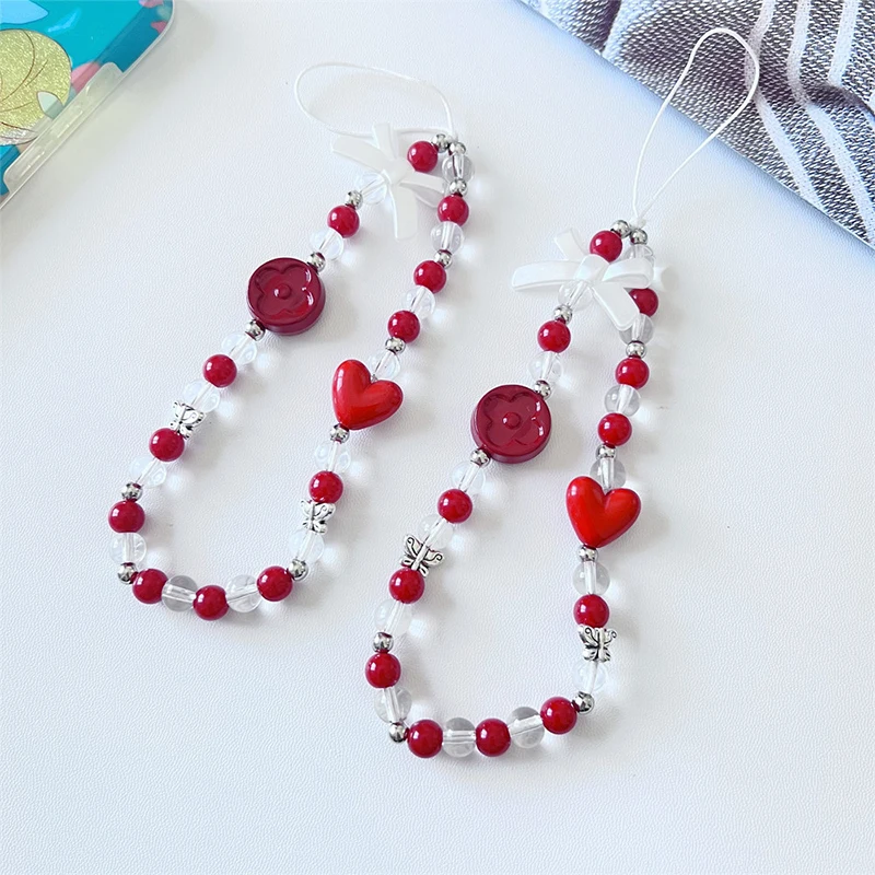 Strawberry Pearl Phone Chain Cherry Love Beads Pendant Charm Sweet Earphone Case Hanging Rope Anti-Lost Lanyard Strap Bag Decor