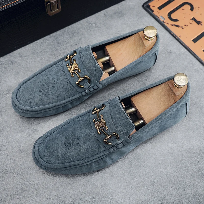 Mocassim de couro artesanal masculino, sapato liso azul, mocassins clássicos, sapato de pilotagem confortável, sapato casual masculino, na moda