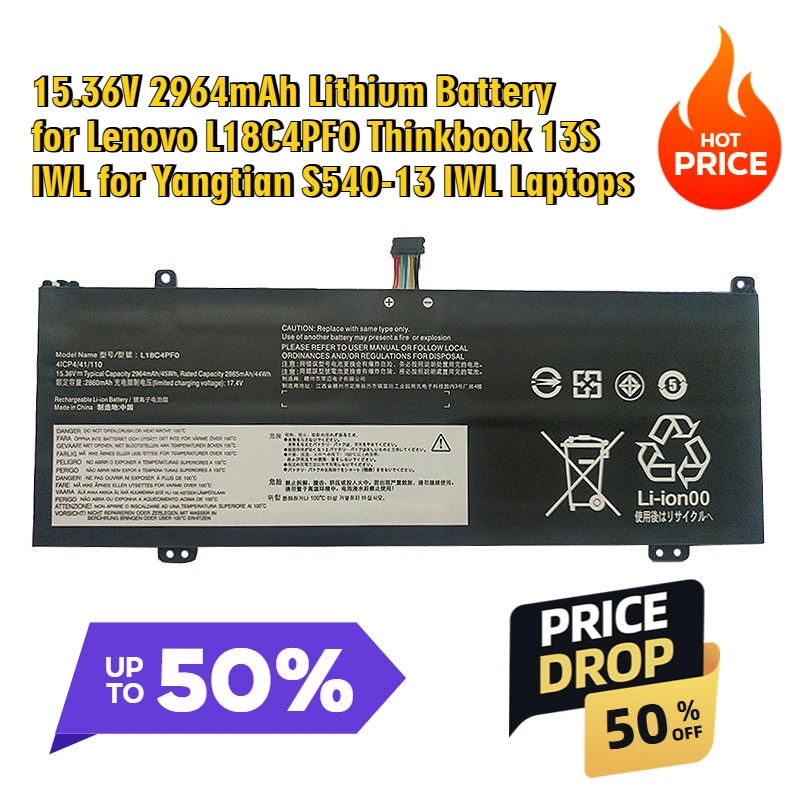 

15.36V 2964mAh Lithium Battery for Lenovo L18C4PF0 Thinkbook 13S IWL for Yangtian S540-13 IWL Laptops
