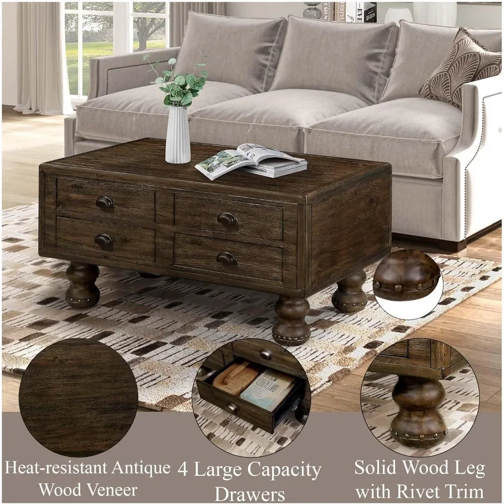 Coffee Table with Storage Drawers, Center Tables with Rivet Decoration Legs, Coffee Table