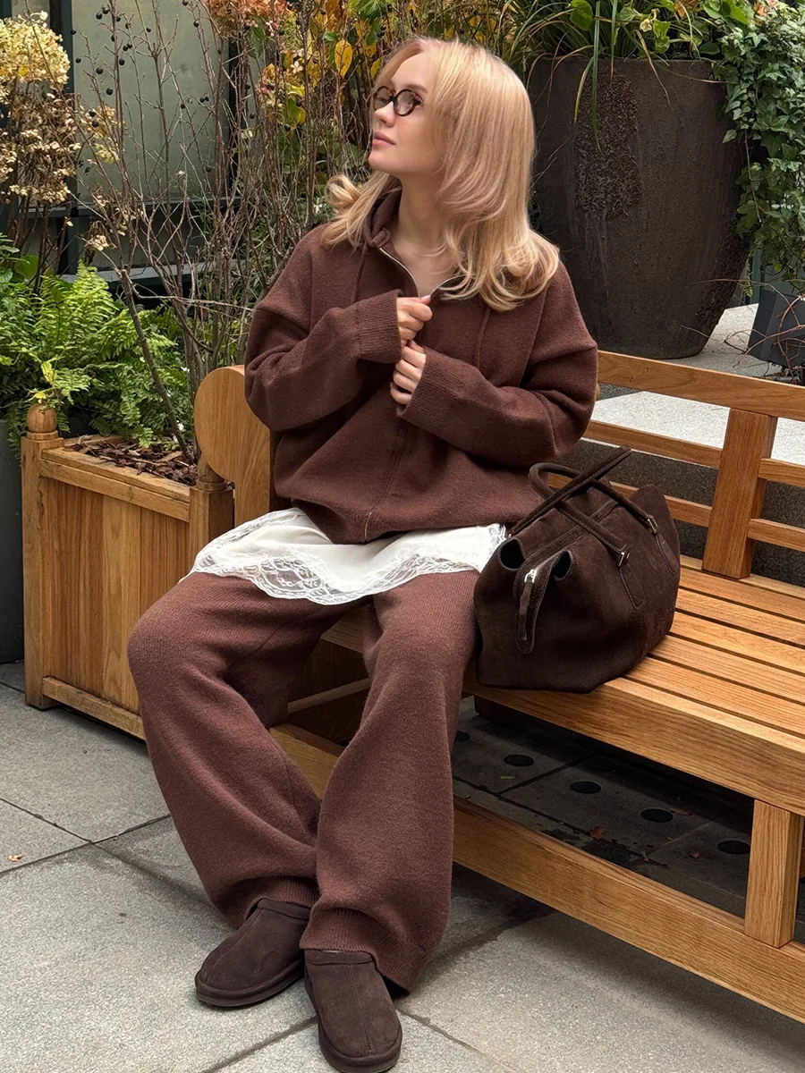 Sports Style Hooded Zipper Cardigan Wide Leg Pants Suit Autumn and Winter Women's Lazy Style Loose Thick Warm Jacket Pants 2Pcs view 4
