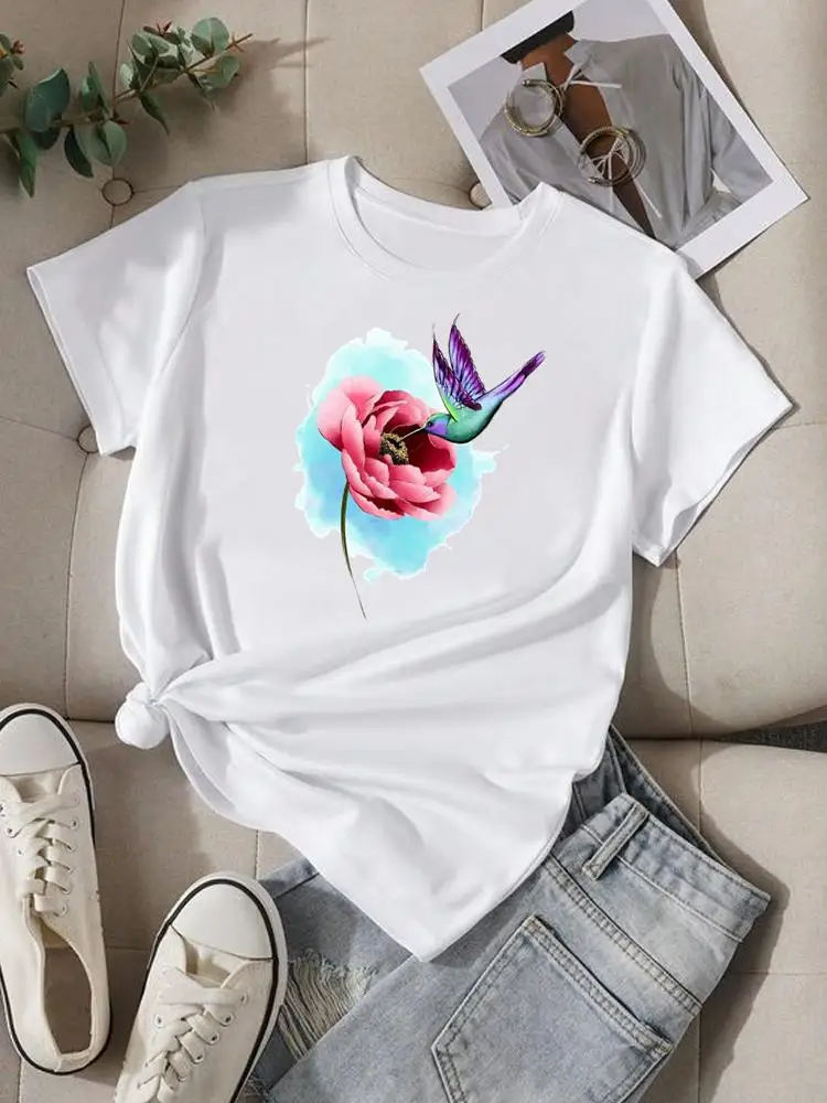 

Flower Watercolor Lovely Trend Cute Short Sleeve Lady O-neck T Shirt Clothing Women Fashion Casual Print Top Graphic Tee T-shirt