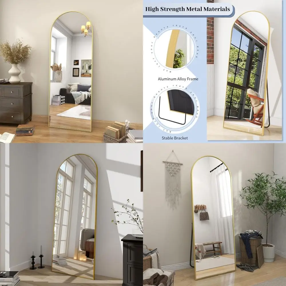 Espelho de chão arqueado de comprimento total com suporte para quarto, vestiário, suspensão de parede ou inclinada, espelho de corpo grande