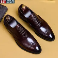 Genuine Cow Leather Brogue Wedding Business Men Casual Flats Vintage Handmade Oxford Shoes for Men Black Burgundy 2024