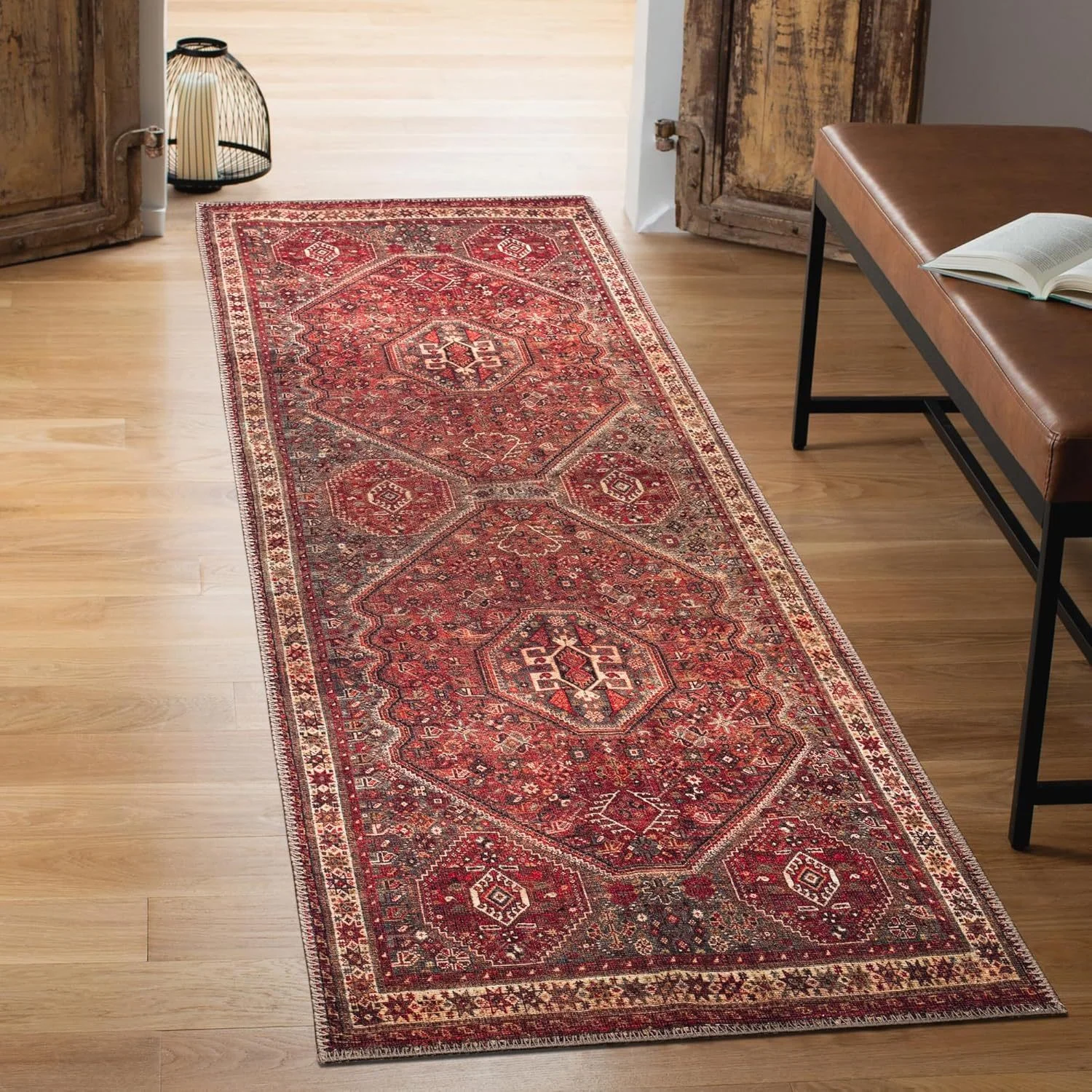 Vintage Red Medallion Runner Rug Hallway Carpet Non Slip Washable Floor Mat Kitchen Rug with Distressed Persian Design