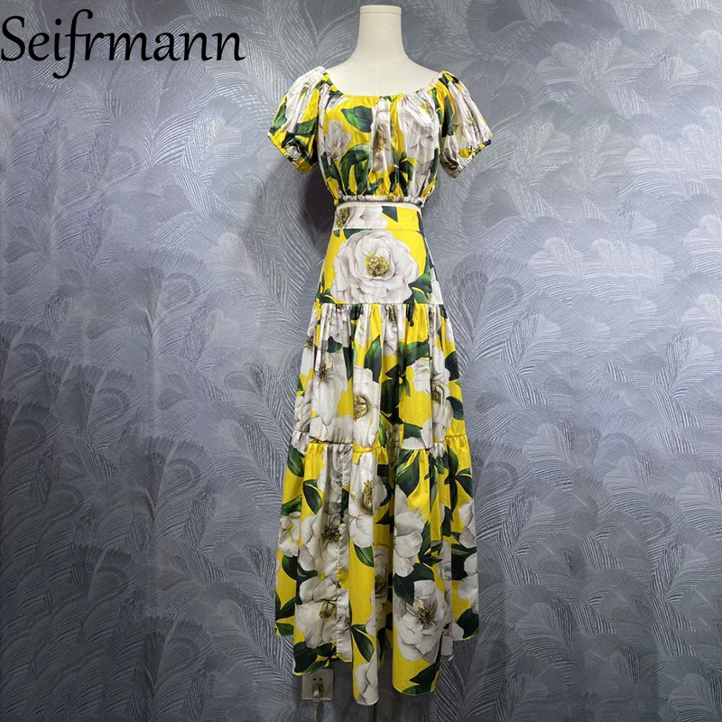 

Seifrmann 2026 Summer Women's New Fashion Round Neck Short Sleeve Cotton Printed Top+Half Skirt Two Piece Set