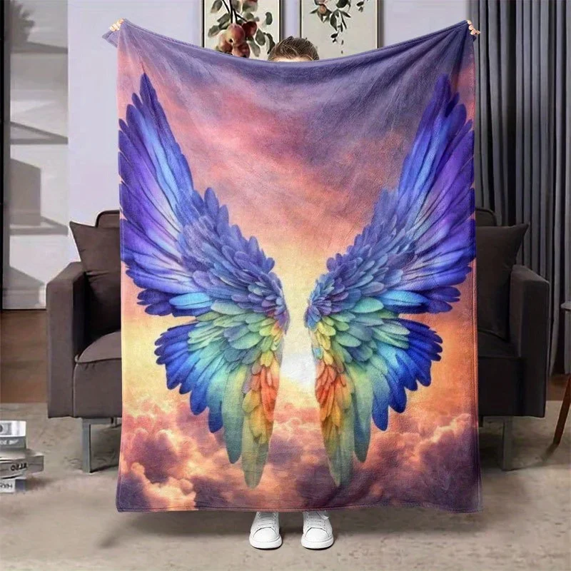 

pc Vibrant Angel Wings Flannel Blanket Soft Warm Colorful Rainbow Design Perfect for Camping Office Bed Use