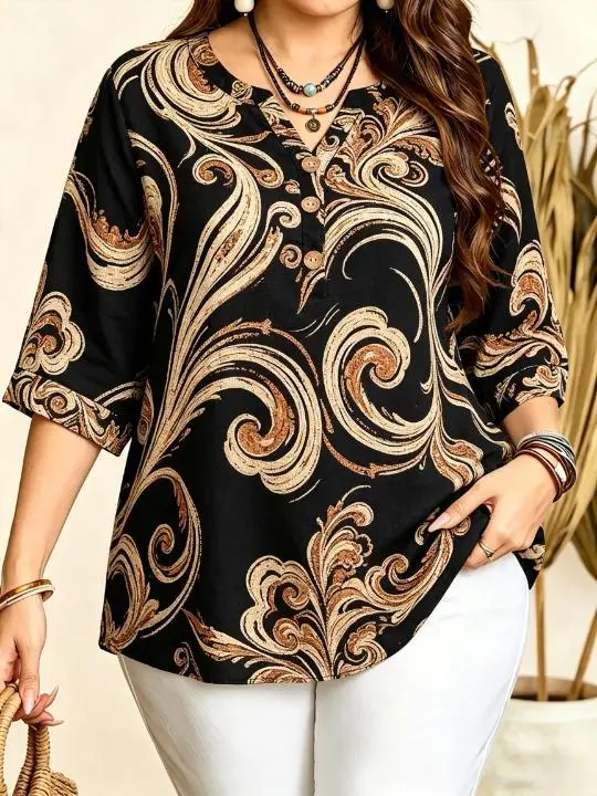 Women Partial Scattered Floral Print Blouse Notched Neck 3/4 Sleeve Loose Fit For Curvy Figures Daily Casual Ladies Tops