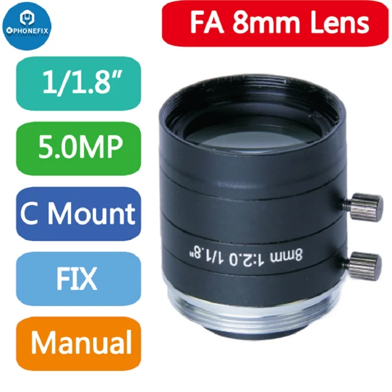 Manual iris Fixed Focus Lens 5.0MP C mount 8mm FA Lens Machine Vision Lens 1/1.8