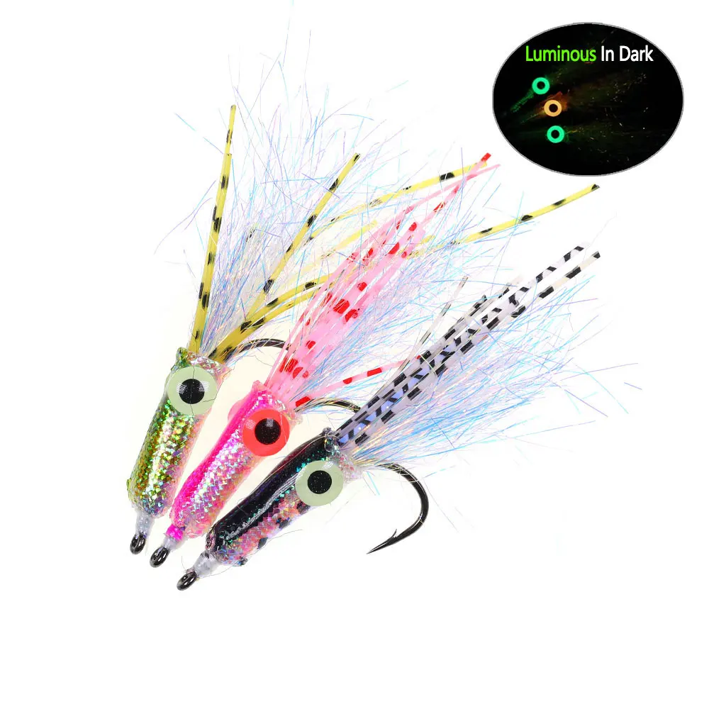 6 piezas # Señuelo de pesca marítima de 4 ojos de pez 3D luminosos, streamer de calamar, streamer de Baifish, Flashabou y Tinsel para tarpon, lubina, snapper y lucio