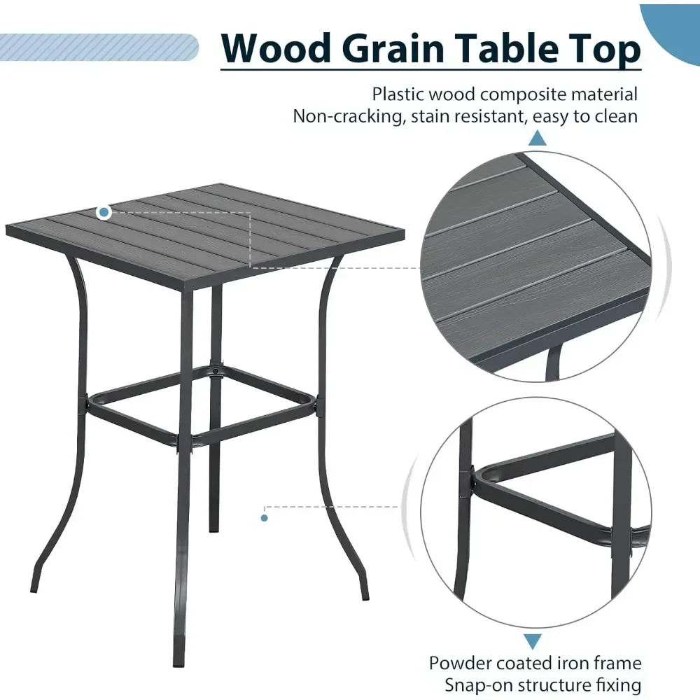 3 Piece Patio Bar Set, Outdoor Wicker Counter Height Bar Stools and Wood Top Table Set for 2 People