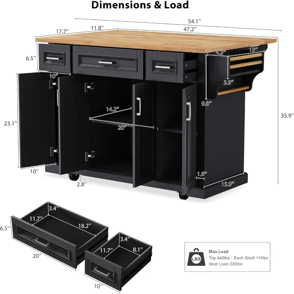 Large Kitchen Island with Rubber Wood Drop Leaf and Silver Handle