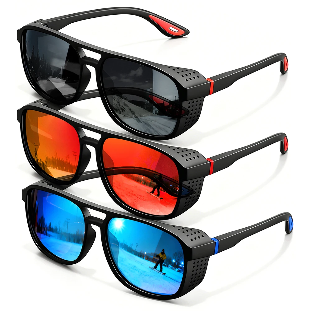 3pcs Polarized Sunglasses Set Windproof Steampunk Style Sturdy Frosted Frame for Driving Cycling And Fishing